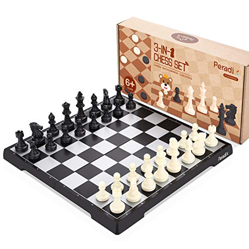 Peradix Schachspiel & Damespiel & BackgammonDeluxe 3-in-1 Schach mit Magnetischem Faltbarem Schachbrett Groß 30.5*30.5cm - 6