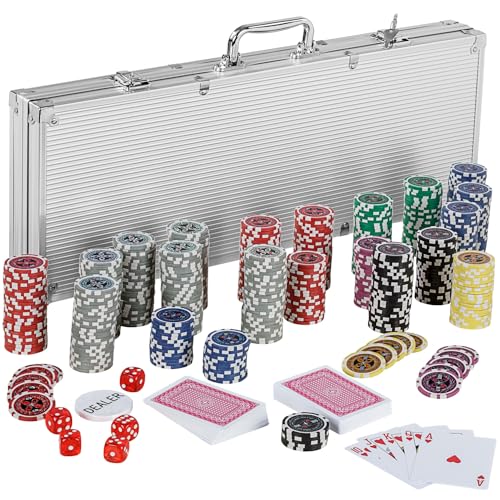 Ultimate Pokerset mit 500 hochwertigen 12 Gramm METALLKERN Laserchips, inkl. 2x Pokerdecks, Alu Pokerkoffer, 5x Würfel, 1x Dealer Button, Poker, Set, Pokerchips, Koffer, Jetons