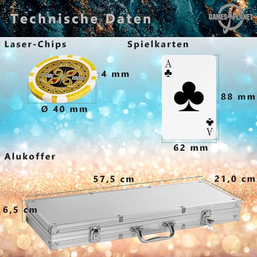 Ultimate Pokerset mit 500 hochwertigen 12 Gramm METALLKERN Laserchips, inkl. 2x Pokerdecks, Alu Pokerkoffer, 5x Würfel, 1x Dealer Button, Poker, Set, Pokerchips, Koffer, Jetons - 3