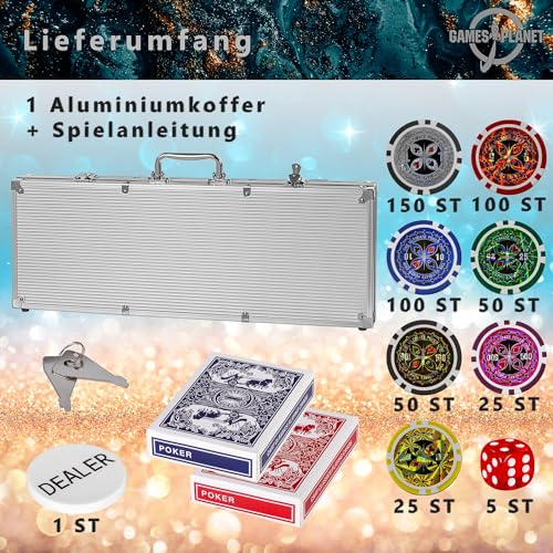 Ultimate Pokerset mit 500 hochwertigen 12 Gramm METALLKERN Laserchips, inkl. 2x Pokerdecks, Alu Pokerkoffer, 5x Würfel, 1x Dealer Button, Poker, Set, Pokerchips, Koffer, Jetons - 4