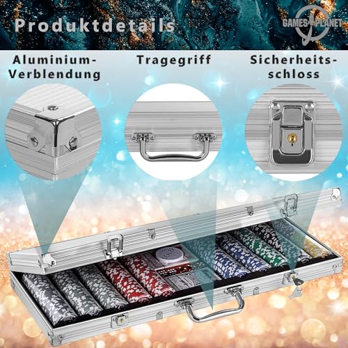 Ultimate Pokerset mit 500 hochwertigen 12 Gramm METALLKERN Laserchips, inkl. 2x Pokerdecks, Alu Pokerkoffer, 5x Würfel, 1x Dealer Button, Poker, Set, Pokerchips, Koffer, Jetons - 6