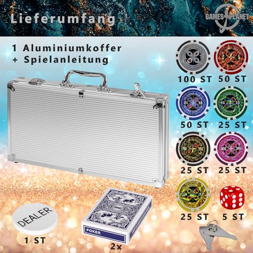 Ultimate Pokerset mit 300 hochwertigen 12 Gramm METALLKERN Laserchips, inkl. 2x Pokerdecks, Alu Pokerkoffer, 5x Würfel, 1 x Dealer Button, Poker, Set, Pokerchips, Koffer, Jetons - 2