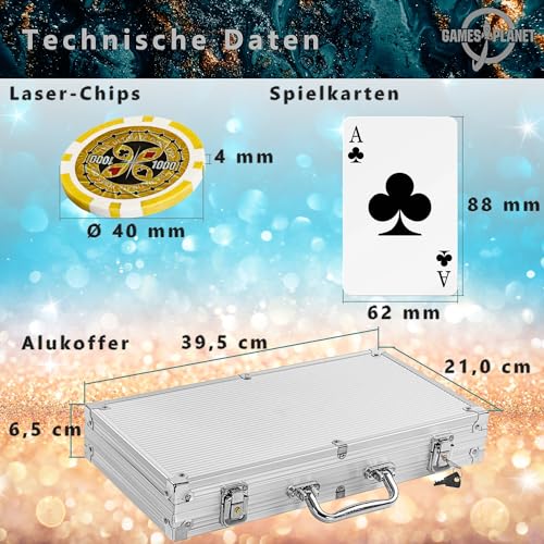 Ultimate Pokerset mit 300 hochwertigen 12 Gramm METALLKERN Laserchips, inkl. 2x Pokerdecks, Alu Pokerkoffer, 5x Würfel, 1 x Dealer Button, Poker, Set, Pokerchips, Koffer, Jetons - 3