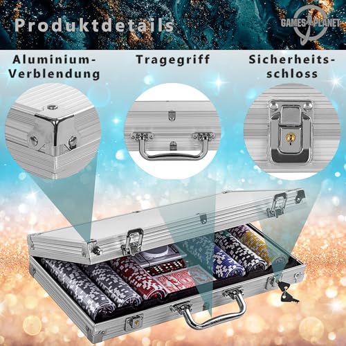 Ultimate Pokerset mit 300 hochwertigen 12 Gramm METALLKERN Laserchips, inkl. 2x Pokerdecks, Alu Pokerkoffer, 5x Würfel, 1 x Dealer Button, Poker, Set, Pokerchips, Koffer, Jetons - 5