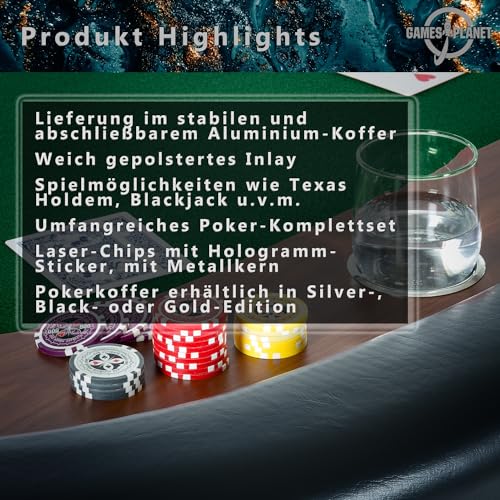 Ultimate Pokerset mit 300 hochwertigen 12 Gramm METALLKERN Laserchips, inkl. 2x Pokerdecks, Alu Pokerkoffer, 5x Würfel, 1 x Dealer Button, Poker, Set, Pokerchips, Koffer, Jetons - 6