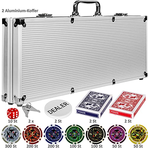 Ultimate Pokerset mit 1000 hochwertigen 12 Gramm METALLKERN Laserchips, inkl. 2x Pokerdecks, Alu Pokerkoffer, 5x Würfel, 1x Dealer Button, Poker, Set, Pokerchips, Koffer, Jetons - 4